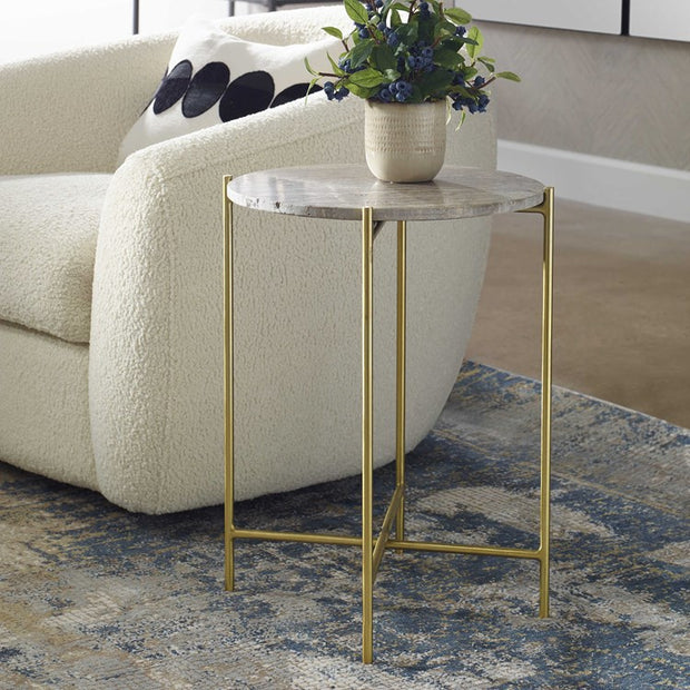 Casa Bella Living Dark Travertine top With Gold Iron Frame Accent Table
