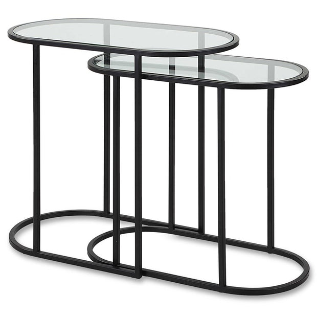 Casa Bella Living Set of 2 finished in Matte Black Topped In Clear Glass Nesting Tables