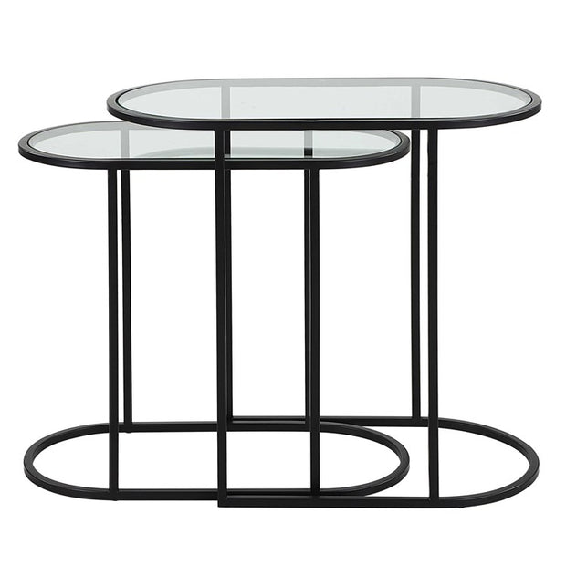 Casa Bella Living Set of 2 finished in Matte Black Topped In Clear Glass Nesting Tables