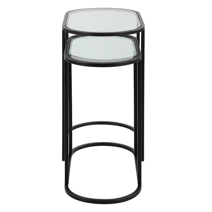 Casa Bella Living Set of 2 finished in Matte Black Topped In Clear Glass Nesting Tables