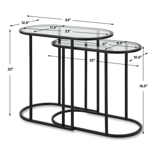 Casa Bella Living Set of 2 finished in Matte Black Topped In Clear Glass Nesting Tables