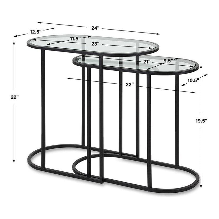 Casa Bella Living Set of 2 finished in Matte Black Topped In Clear Glass Nesting Tables