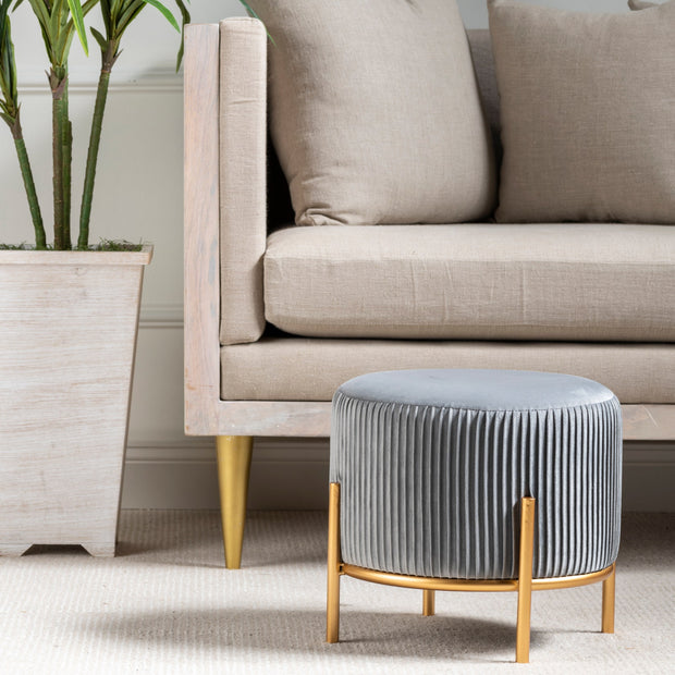 Crestview Collection Bennington Round Gray Velvet Foot Stool Ottoman