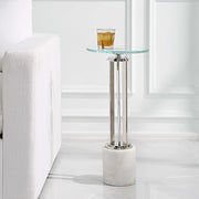 Casa Bella Living Tempered Glass Top Thick White Marble Base Accent Table