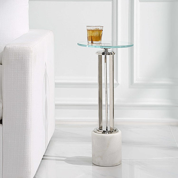 Casa Bella Living Tempered Glass Top Thick White Marble Base Accent Table