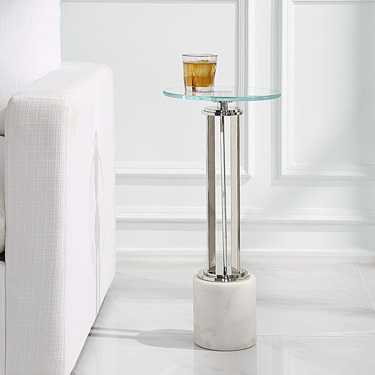 Casa Bella Living Tempered Glass Top Thick White Marble Base Accent Table