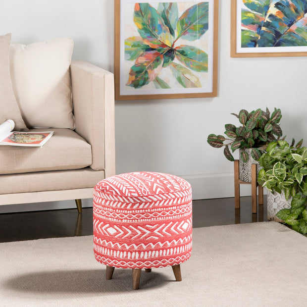 Crestview Collection Halvorson Round Red Linen Foot Stool Ottoman