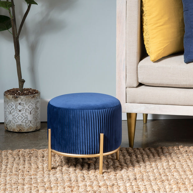 Crestview Collection Marley Round Navy Blue Velvet Foot Stool Ottoman