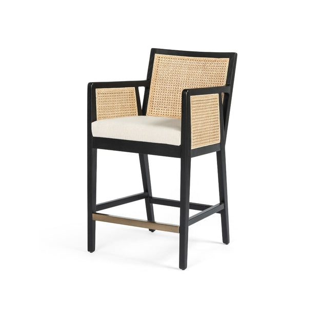 Four Hands Antonia Natural Cane Counter Stool ~ Savile Flax Performance Fabric Cushioned Seat