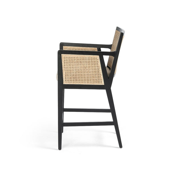 Four Hands Antonia Natural Cane Counter Stool ~ Savile Flax Performance Fabric Cushioned Seat
