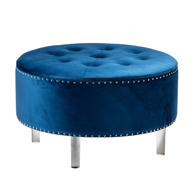 Crestview Collection Natalia Round Blue Velvet Storage Ottoman