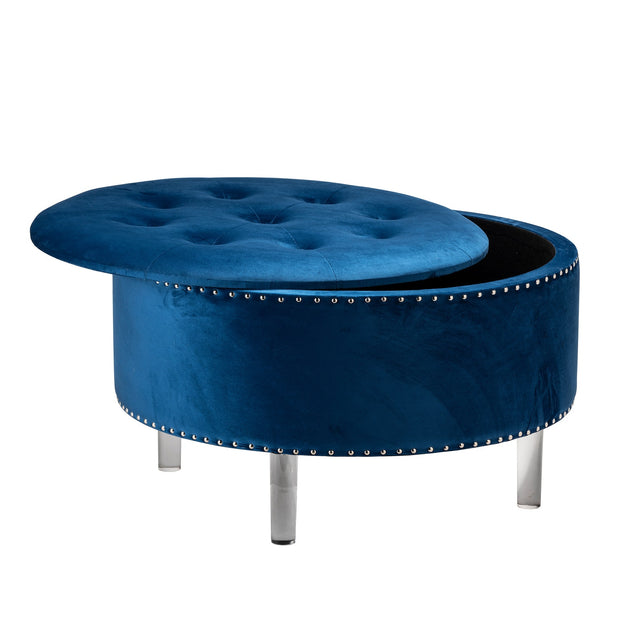 Crestview Collection Natalia Round Blue Velvet Storage Ottoman