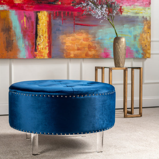 Crestview Collection Natalia Round Blue Velvet Storage Ottoman