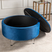 Crestview Collection Natalia Round Blue Velvet Storage Ottoman
