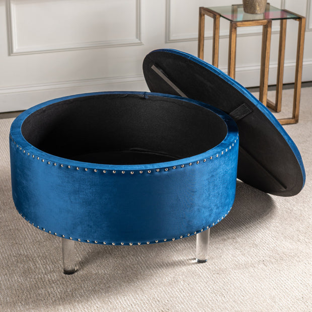Crestview Collection Natalia Round Blue Velvet Storage Ottoman