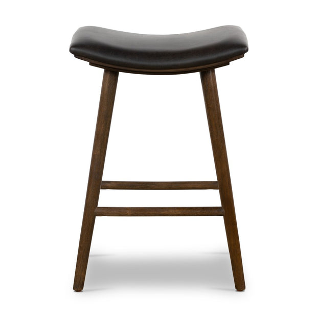 Four Hands Union Counter Stool ~ Distressed Black Faux Leather Cushioned Saddle Style Seat
