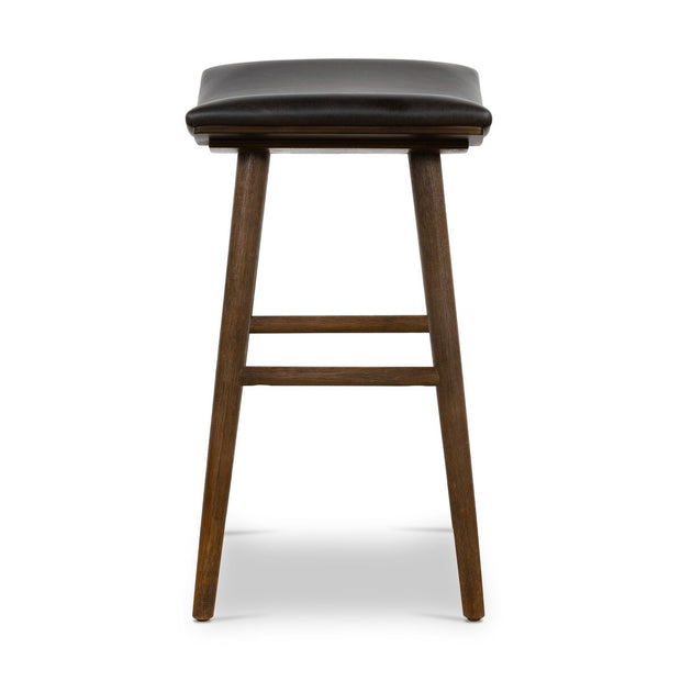 Four Hands Union Counter Stool ~ Distressed Black Faux Leather Cushioned Saddle Style Seat