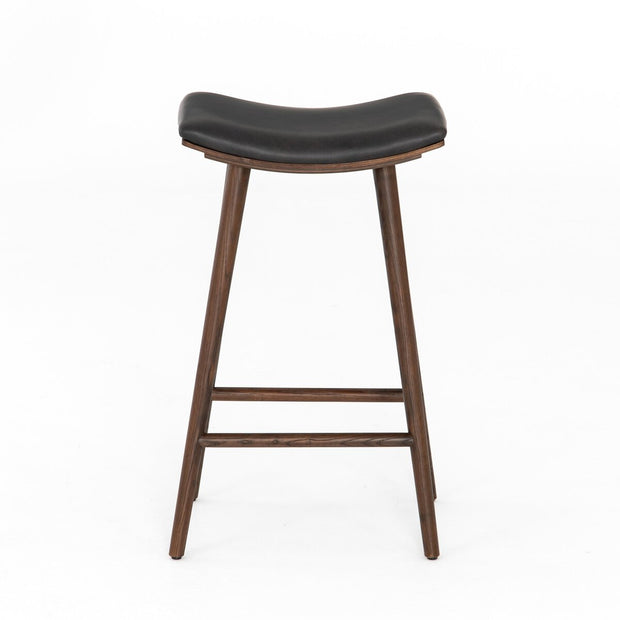 Four Hands Union Bar Stool ~ Distressed Black Faux Leather Cushioned Saddle Style Seat