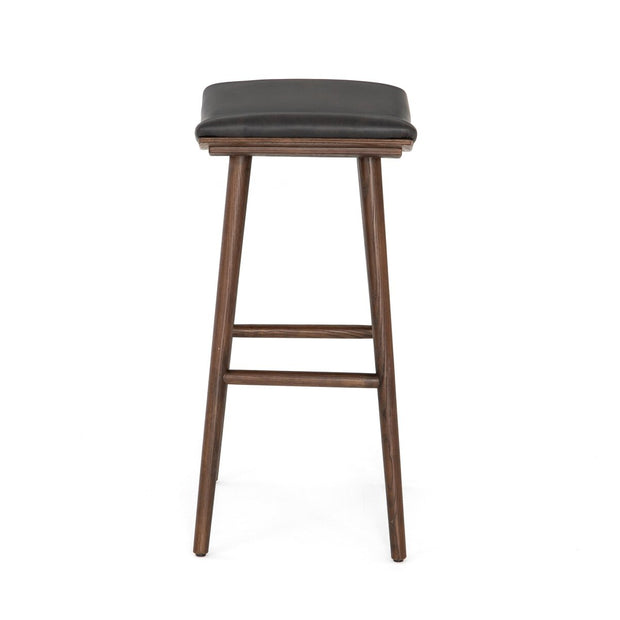 Four Hands Union Bar Stool ~ Distressed Black Faux Leather Cushioned Saddle Style Seat