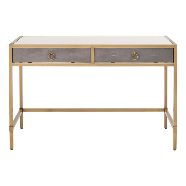 Essentials For Living Strand Shagreen Desk ~ Gray Shagreen, Brushed Gold, Clear Glass