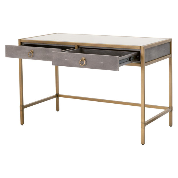Essentials For Living Strand Shagreen Desk ~ Gray Shagreen, Brushed Gold, Clear Glass
