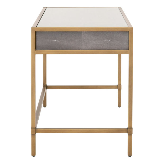 Essentials For Living Strand Shagreen Desk ~ Gray Shagreen, Brushed Gold, Clear Glass