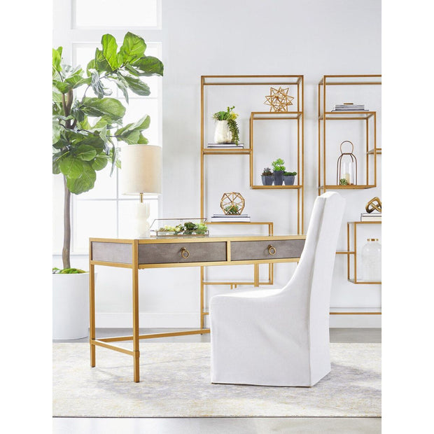Essentials For Living Strand Shagreen Desk ~ Gray Shagreen, Brushed Gold, Clear Glass
