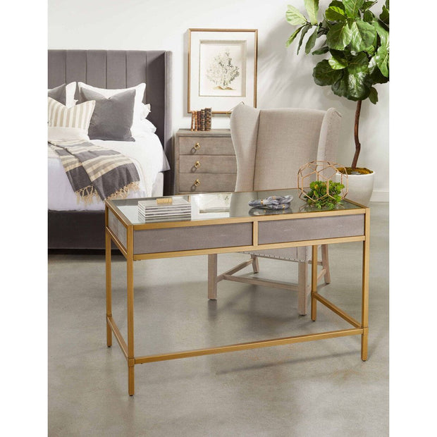 Essentials For Living Strand Shagreen Desk ~ Gray Shagreen, Brushed Gold, Clear Glass