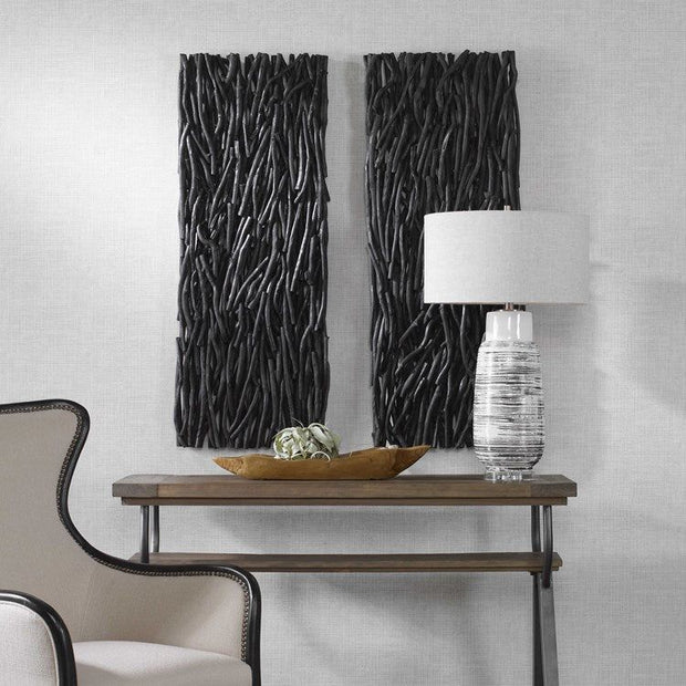 Uttermost Gathered Black Teak Wood Wall Panel