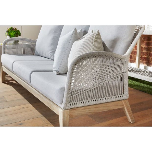 Essentials For Living Loom Outdoor 79” Sofa ~ Taupe & White Flat Rope, Performance Pumice, Gray Teak