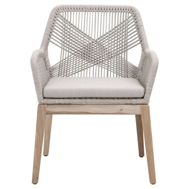 Essentials For Living Loom Outdoor Arm Chair ~ Taupe & White Flat Rope, Performance Pumice, Gray Teak