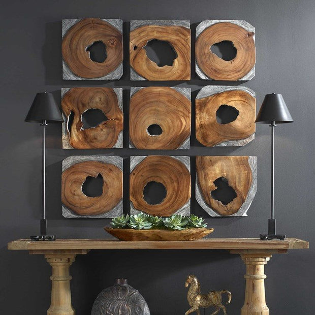 Uttermost Jungle Set of 9 Dark Coffee Brown and Rustic Black Suar Wood Wall Art Decor
