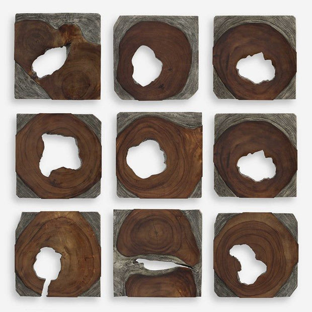 Uttermost Jungle Set of 9 Dark Coffee Brown and Rustic Black Suar Wood Wall Art Decor