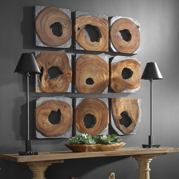 Uttermost Jungle Set of 9 Dark Coffee Brown and Rustic Black Suar Wood Wall Art Decor