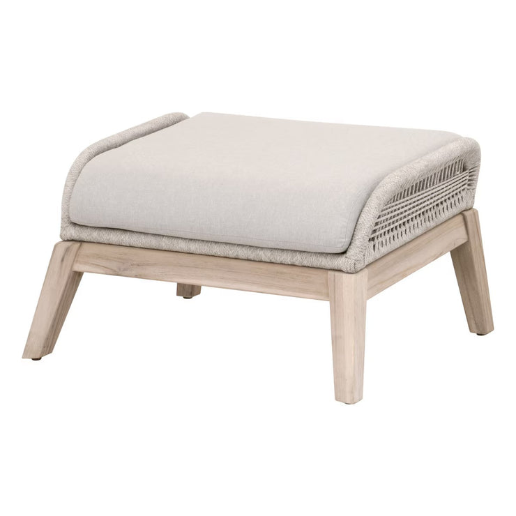 Essentials For Living Loom Outdoor Footstool ~ Taupe & White Flat Rope, Performance Pumice, Gray Teak