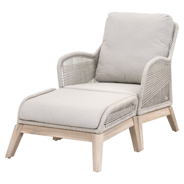 Essentials For Living Loom Outdoor Footstool ~ Taupe & White Flat Rope, Performance Pumice, Gray Teak