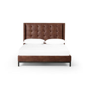 Four Hands Newhall Tufted Headboard Bed 55" ~ Vintage Tobacco Upholstered Faux Leather King Size Bed