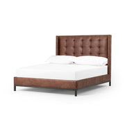 Four Hands Newhall Tufted Headboard Bed 55" ~ Vintage Tobacco Upholstered Faux Leather King Size Bed