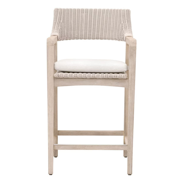 Essentials For Living Lucia Outdoor Counter Stool ~ Pure White Synthetic Wicker, Performance White Speckle, Gray Teak
