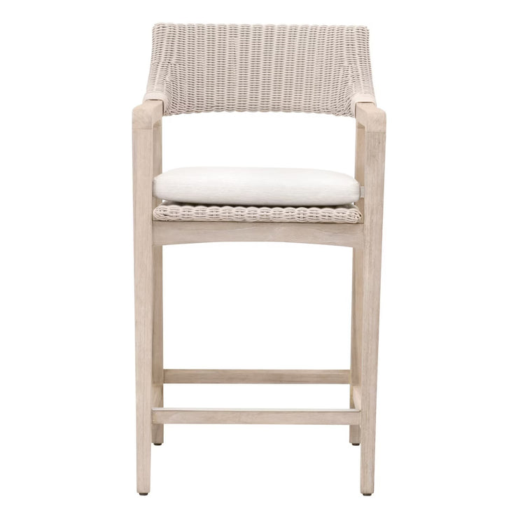 Essentials For Living Lucia Outdoor Counter Stool ~ Pure White Synthetic Wicker, Performance White Speckle, Gray Teak