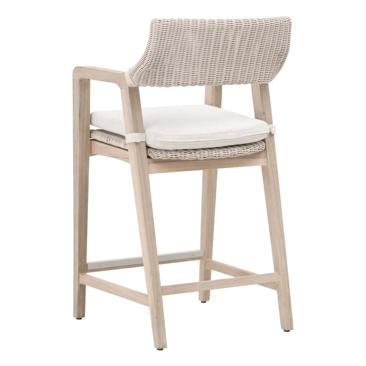 Essentials For Living Lucia Outdoor Counter Stool ~ Pure White Synthetic Wicker, Performance White Speckle, Gray Teak