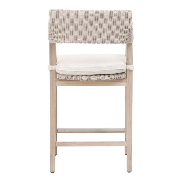 Essentials For Living Lucia Outdoor Counter Stool ~ Pure White Synthetic Wicker, Performance White Speckle, Gray Teak