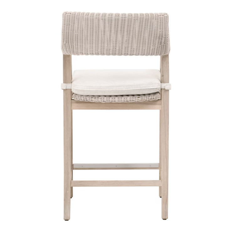 Essentials For Living Lucia Outdoor Counter Stool ~ Pure White Synthetic Wicker, Performance White Speckle, Gray Teak