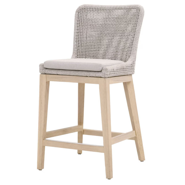 Essentials For Living Mesh Outdoor Counter Stool ~ Taupe & White Flat Rope, Gray Teak, Performance Pumice