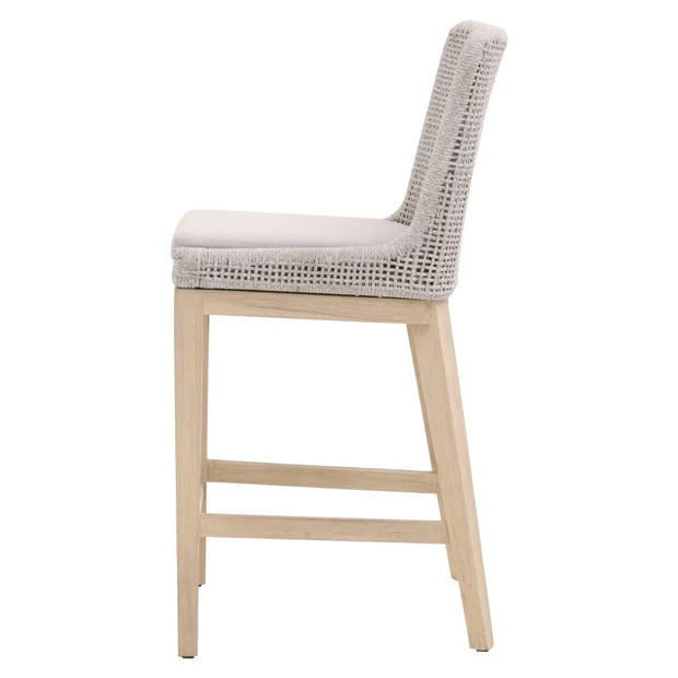 Essentials For Living Mesh Outdoor Counter Stool ~ Taupe & White Flat Rope, Gray Teak, Performance Pumice