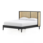 Four Hands Antonia Curved Cane Queen Size Bed ~ Brushed Ebony Wood Finish