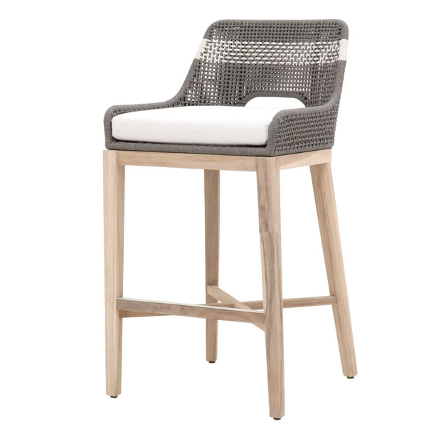 Essentials For Living Tapestry Outdoor Barstool ~ Dove Flat Rope, White Speckle Stripe, Performance White Speckle, Gray Teak