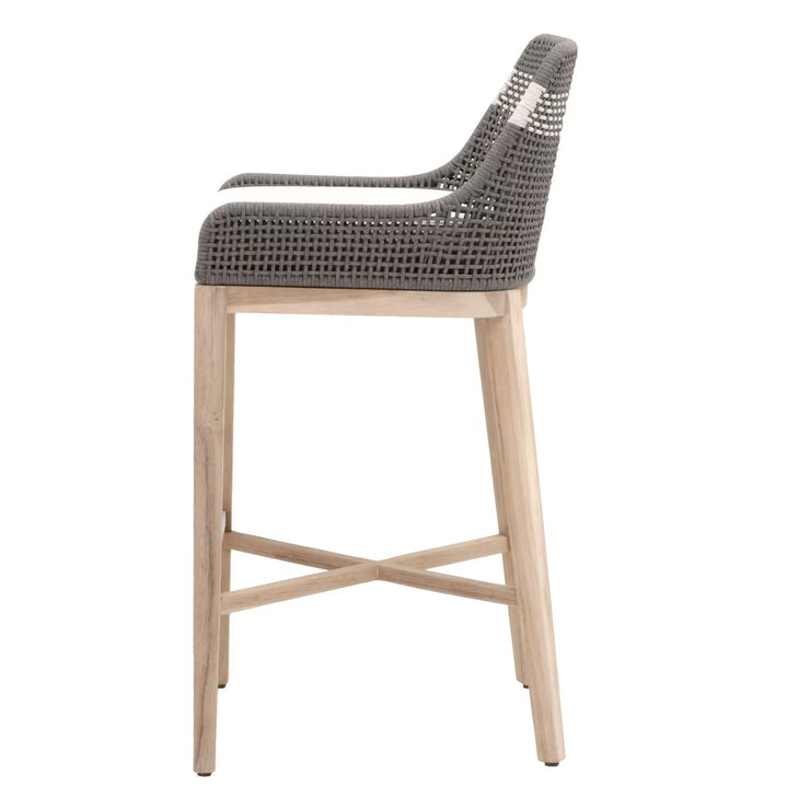 Essentials For Living Tapestry Outdoor Barstool ~ Dove Flat Rope, White Speckle Stripe, Performance White Speckle, Gray Teak
