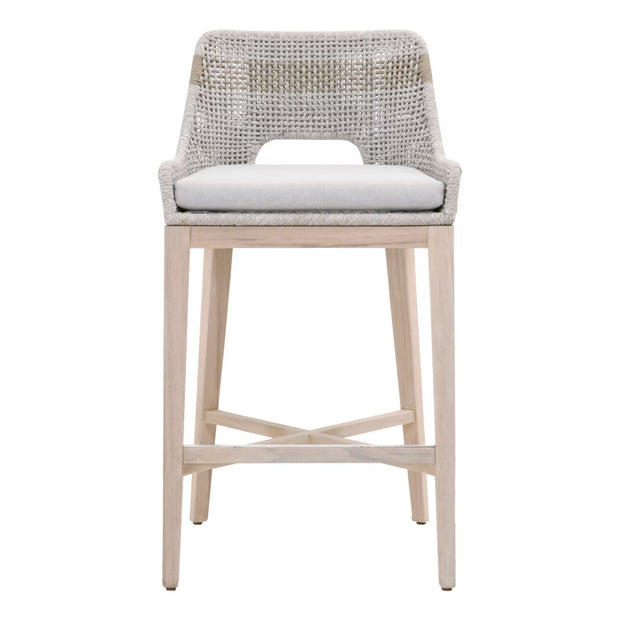 Essentials For Living Tapestry Outdoor Barstool ~ Taupe & White Flat Rope, Taupe Stripe, Performance Pumice, Gray Teak