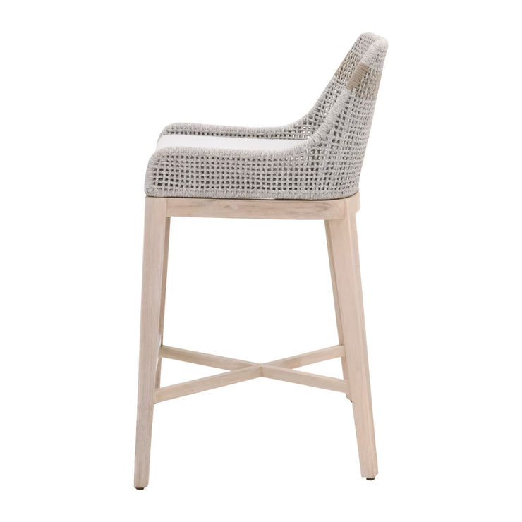 Essentials For Living Tapestry Outdoor Barstool ~ Taupe & White Flat Rope, Taupe Stripe, Performance Pumice, Gray Teak